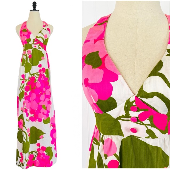 Malia Honolulu Dresses & Skirts - Vintage 1960s Malia Honolulu Hawaiian Maxi Dress Halter Neon Pink and Green